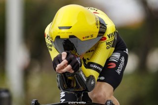 Jonas Vingegaard et son nouveau casque lors du chrono de Tirreno - Adriatico. KEYSTONE/EPA ANSA/ROBERTO BETTINI